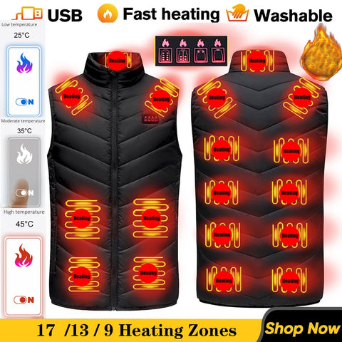 Heated Vest Men Women Usb Heated Jacket Heating Vest Thermal Clothing Hunting Vest Winter Heating Jacket 17/13/9 heating zone